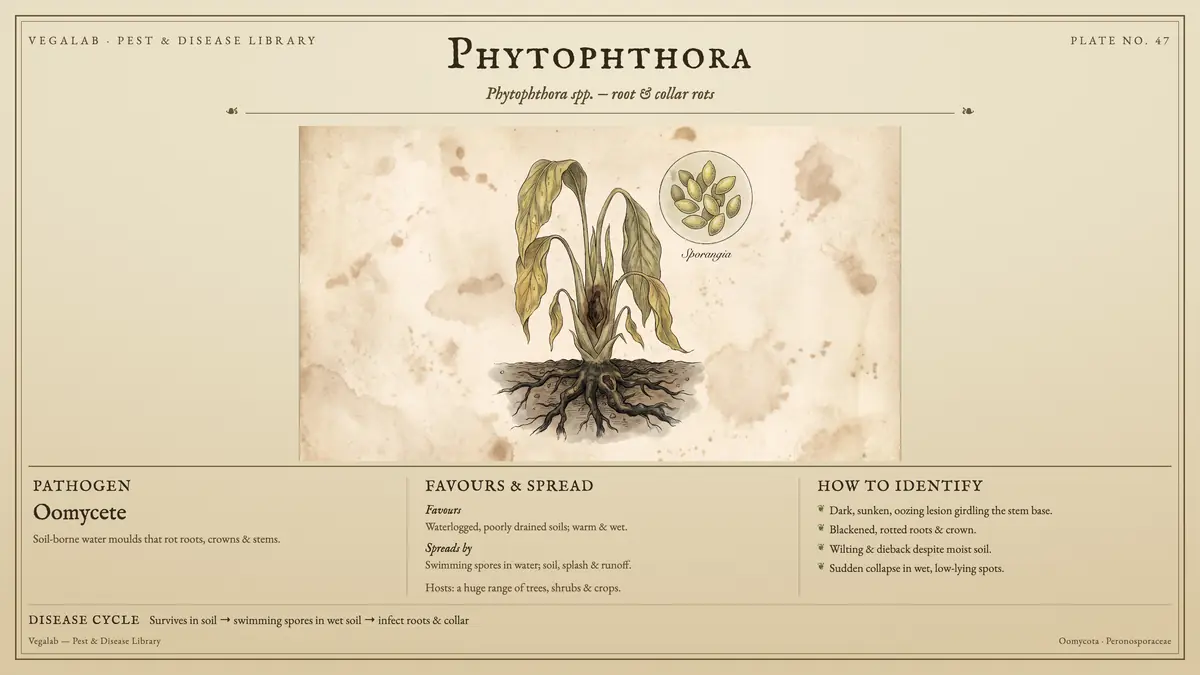 Identification plate for phytophthora: oomycete, size shown to scale, with survives in soil → swimming spores in wet soil → infect roots & collar.
