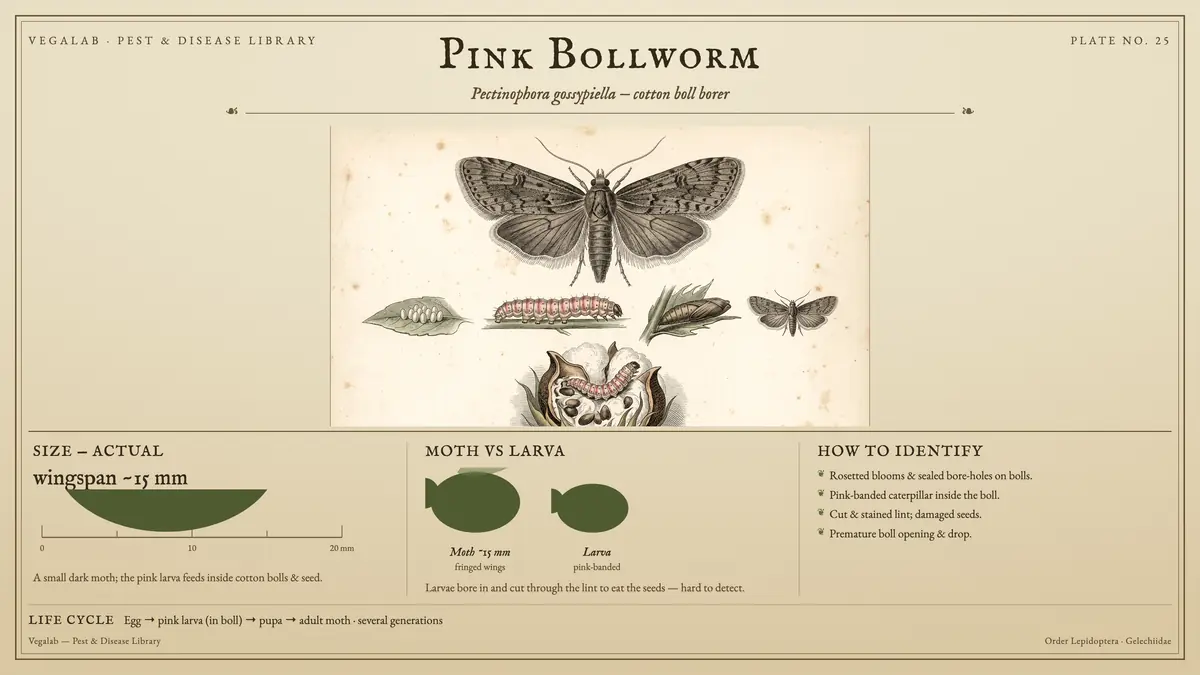 Identification plate for pink bollworm: about wingspan ~15 mm, Moth ~15 mm fringed wings and Larva pink-banded, with egg → pink larva (in boll) → pupa → adult moth · several generations.