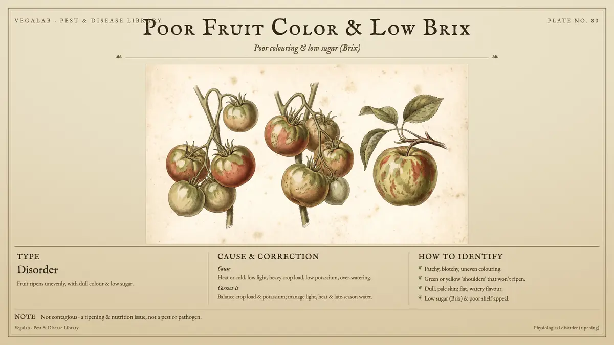 Lámina de identificación del color deficiente del fruto y el bajo Brix: trastorno, tamaño a escala; no es contagioso, es un problema de maduración y nutrición, no una plaga ni un patógeno.