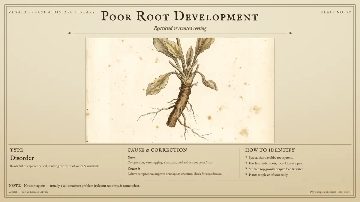 Identification plate for poor root development: disorder, size shown to scale, with not contagious - usually a soil-structure problem (rule out root rots & nematodes)..
