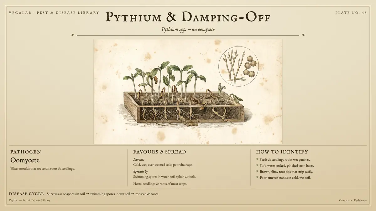 Identification plate for pythium & damping-off: oomycete, size shown to scale, with survives as oospores in soil → swimming spores in wet soil → rot seed & roots.