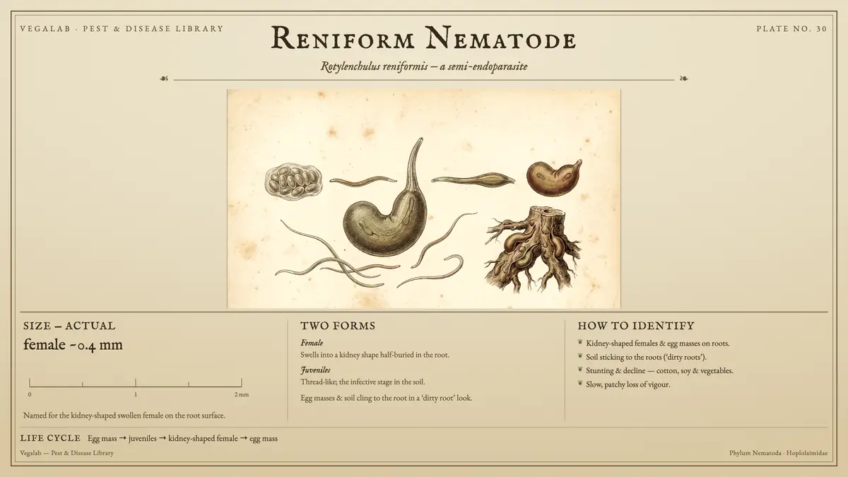 Identification plate for reniform nematode: about female ~0.4 mm, size shown to scale, with egg mass → juveniles → kidney-shaped female → egg mass.