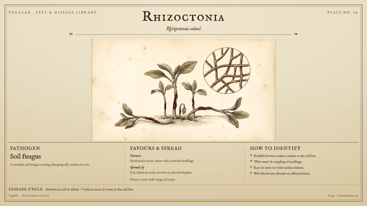 Identification plate for rhizoctonia: soil fungus, size shown to scale, with survives in soil & debris → infects stems & roots at the soil line.