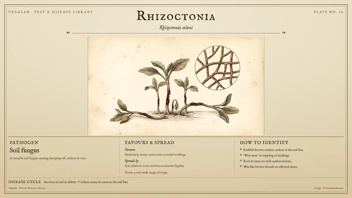 Lámina de identificación de Rhizoctonia: hongo del suelo, tamaño mostrado a escala, con: sobrevive en el suelo y los restos → infecta tallos y raíces a nivel del suelo.