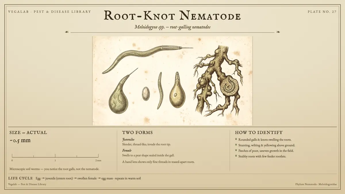 Identification plate for root-knot nematode: about ~0.5 mm, size shown to scale, with egg → juvenile (enters root) → swollen female → egg mass · repeats in warm soil.