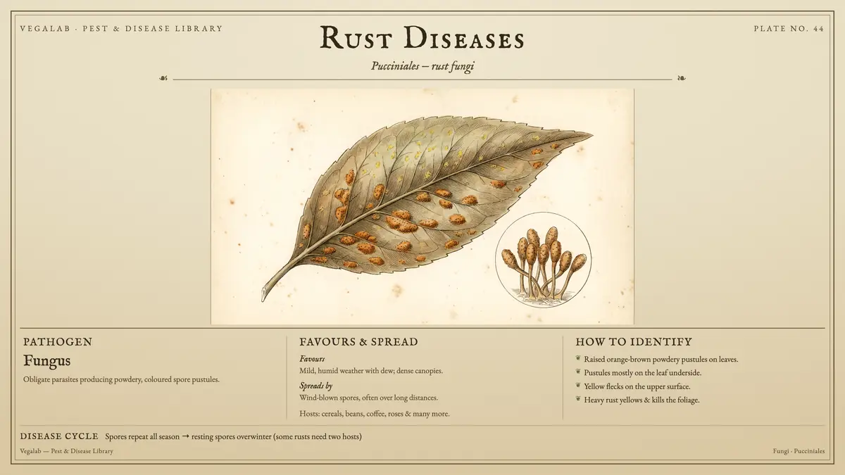 Identification plate for rust diseases: fungus, size shown to scale, with spores repeat all season → resting spores overwinter (some rusts need two hosts).