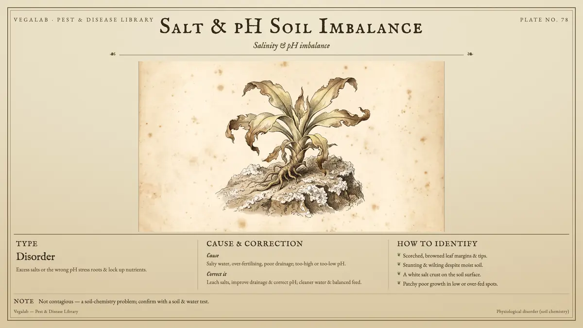 Identification plate for salt & ph soil imbalance: disorder, size shown to scale, with not contagious - a soil-chemistry problem; confirm with a soil & water test..