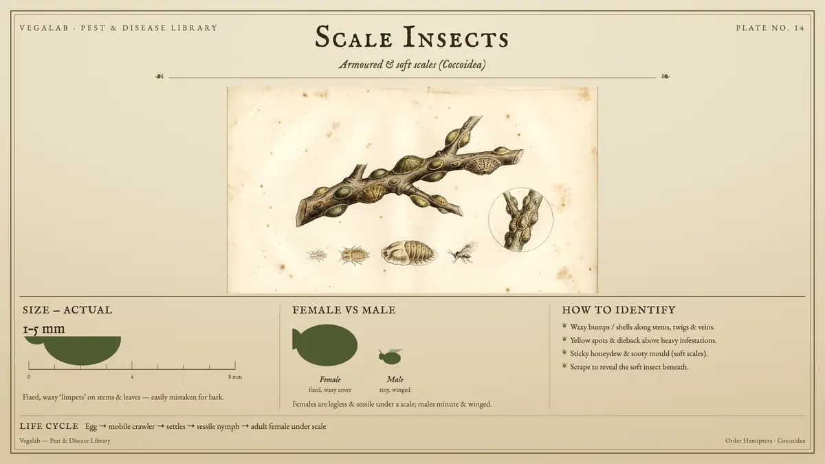 Identification plate for scale insects: about 1 - 5 mm, Female fixed, waxy cover and Male tiny, winged, with egg → mobile crawler → settles → sessile nymph → adult female under scale.