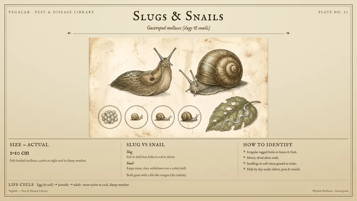 Identification plate for slugs & snails: about 1 - 10 cm, size shown to scale, with egg (in soil) → juvenile → adult · most active in cool, damp weather.