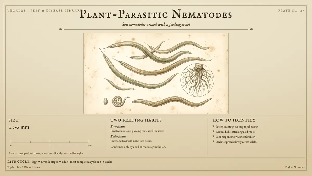 Lámina de identificación de nematodos fitoparásitos: aproximadamente 0.3–2 mm, tamaño mostrado a escala, con huevo → estadios juveniles → adulto; la mayoría completa un ciclo en 3 - 8 semanas.
