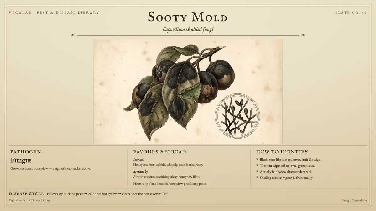 Identification plate for sooty mold: fungus, size shown to scale, with follows sap-sucking pests → colonises honeydew → clears once the pest is controlled.