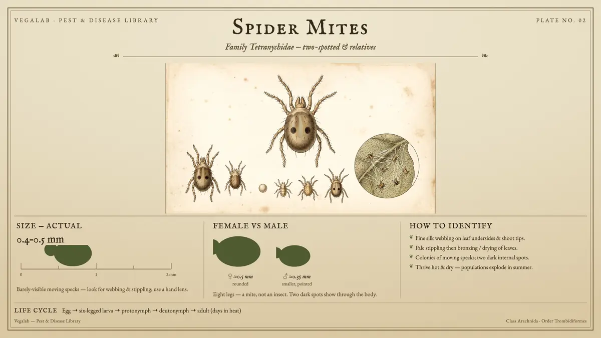 Identification plate for spider mites: about 0.4 - 0.5 mm, ♀ ≈0.5 mm rounded and ♂ ≈0.35 mm smaller, pointed, with egg → six-legged larva → protonymph → deutonymph → adult (days in heat).