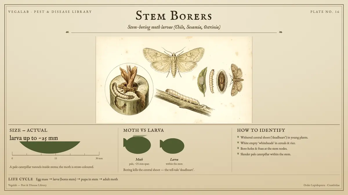 Identification plate for stem borers: about larva up to ~25 mm, Moth pale, ~25 mm span and Larva within the stem, with egg mass → larva (bores stem) → pupa in stem → adult moth.