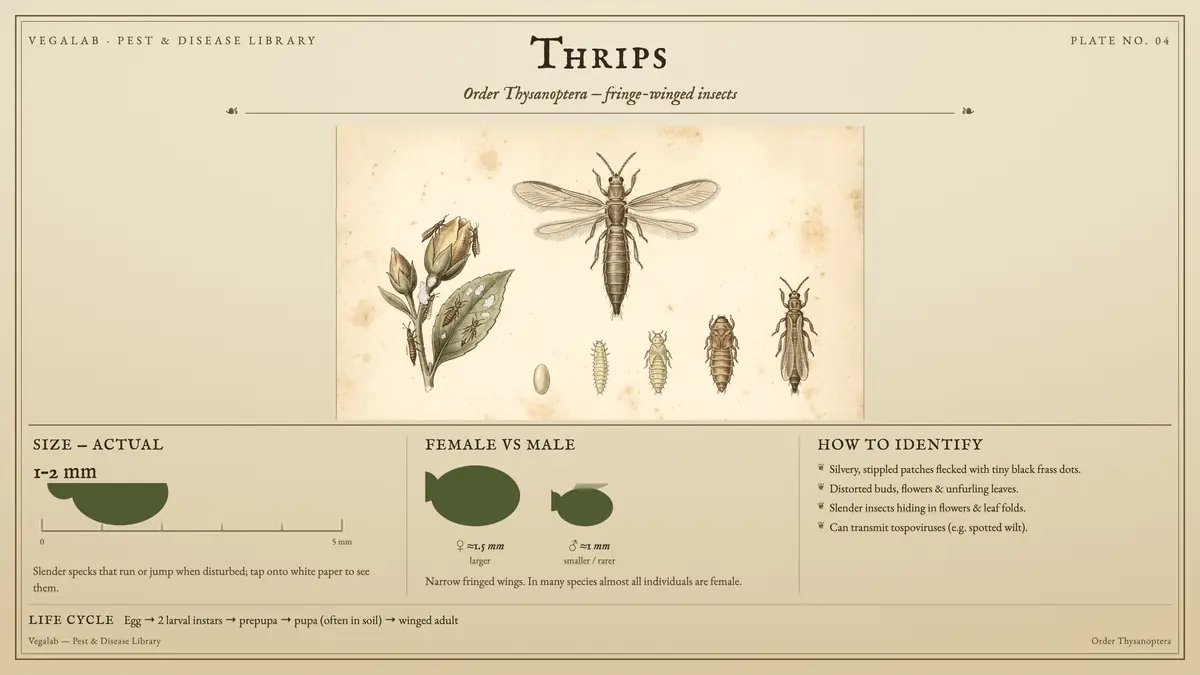 Identification plate for thrips: about 1 - 2 mm, ♀ ≈1.5 mm larger and ♂ ≈1 mm smaller / rarer, with egg → 2 larval instars → prepupa → pupa (often in soil) → winged adult.