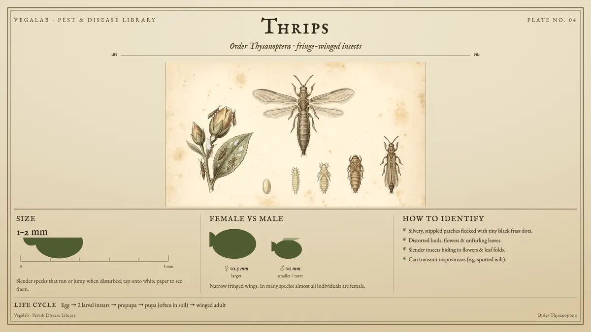 Lámina de identificación de trips: alrededor de 1–2 mm, ♀ ≈1.5 mm más grande y ♂ ≈1 mm más pequeño / más raro, con huevo → 2 estadios larvales → prepupa → pupa (a menudo en el suelo) → adulto alado.