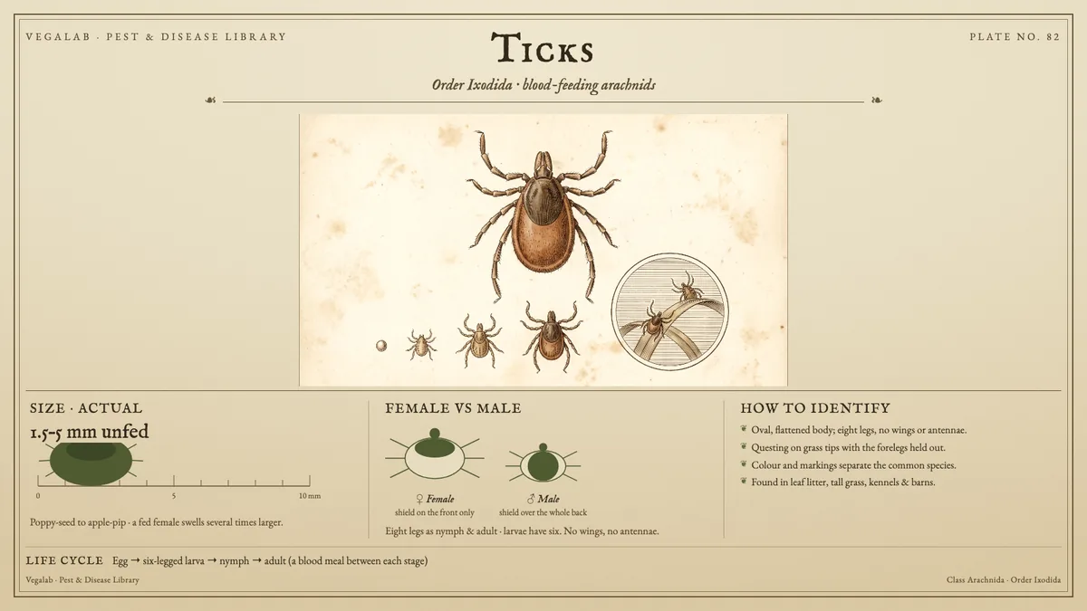 Identification plate for ticks: about 1.5 - 5 mm unfed, ♀ Female shield on the front only and ♂ Male shield over the whole back, with egg → six-legged larva → nymph → adult (a blood meal between each stage).