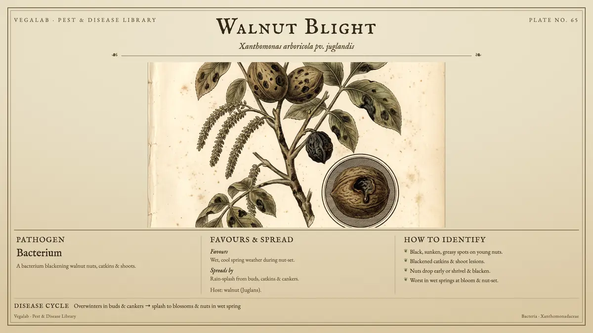 Identification plate for walnut blight: bacterium, size shown to scale, with overwinters in buds & cankers → splash to blossoms & nuts in wet spring.