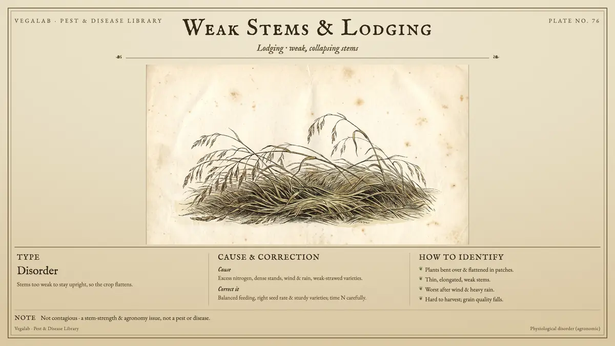Lámina de identificación de tallos débiles y acame: trastorno, tamaño mostrado a escala, no contagioso; es un problema de resistencia del tallo y de agronomía, no una plaga ni una enfermedad.