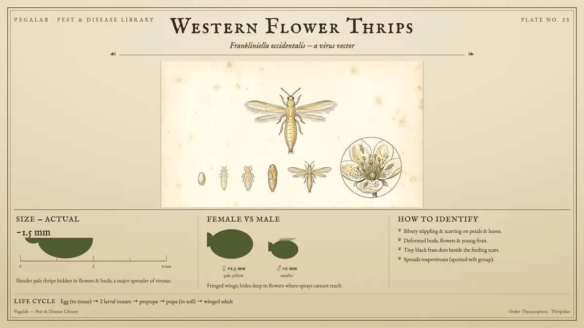 Identification plate for western flower thrips: about ~1.5 mm, ♀ ≈1.5 mm pale yellow and ♂ ≈1 mm smaller, with egg (in tissue) → 2 larval instars → prepupa → pupa (in soil) → winged adult.