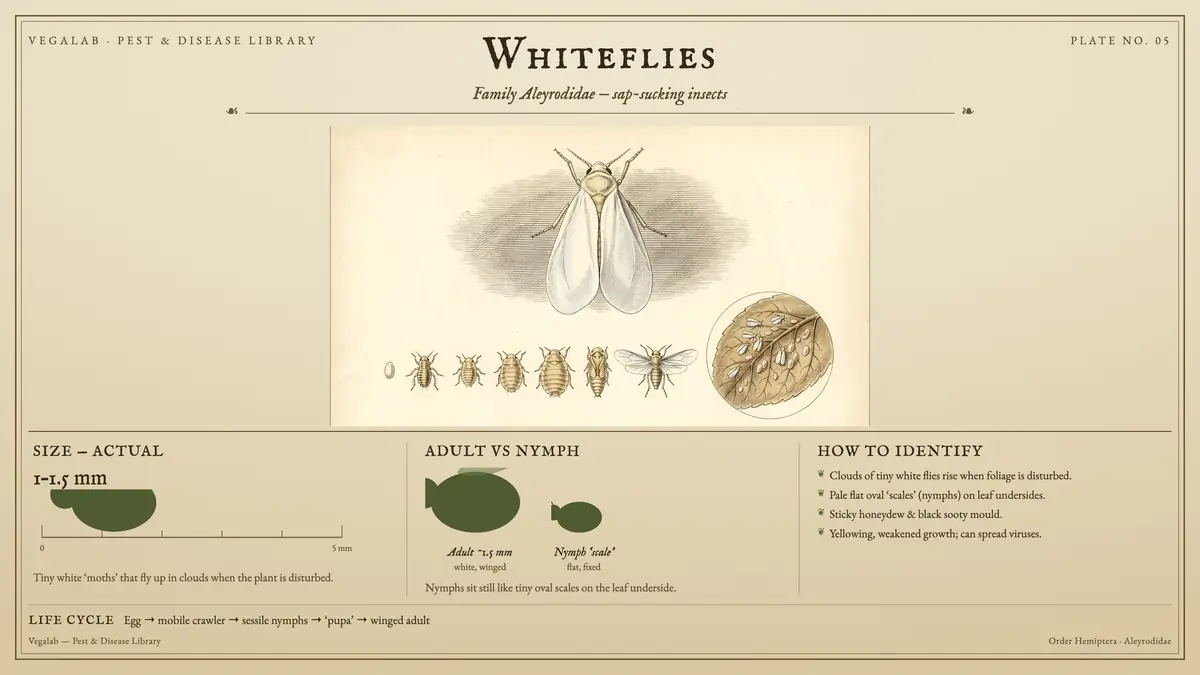 Identification plate for whiteflies: about 1 - 1.5 mm, Adult ~1.5 mm white, winged and Nymph ‘scale’ flat, fixed, with egg → mobile crawler → sessile nymphs → ‘pupa’ → winged adult.