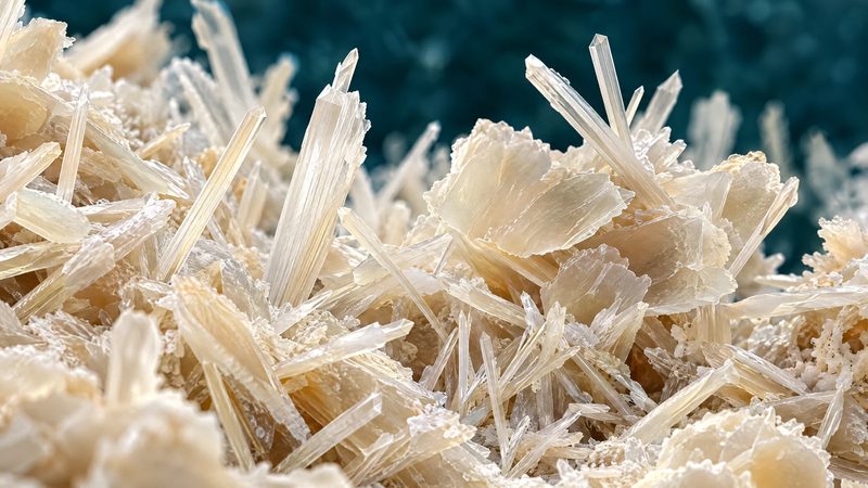 Fine translucent needle-like crystals in warm ivory tones against a teal background.