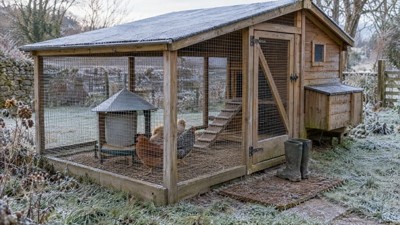 A wooden coop with an enclosed, roofed wire run on a frosty morning, with rubber boots waiting by the closed gate.