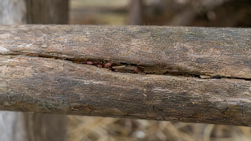 Close-up of a wooden roost bar with a few tiny red mites in a crack.