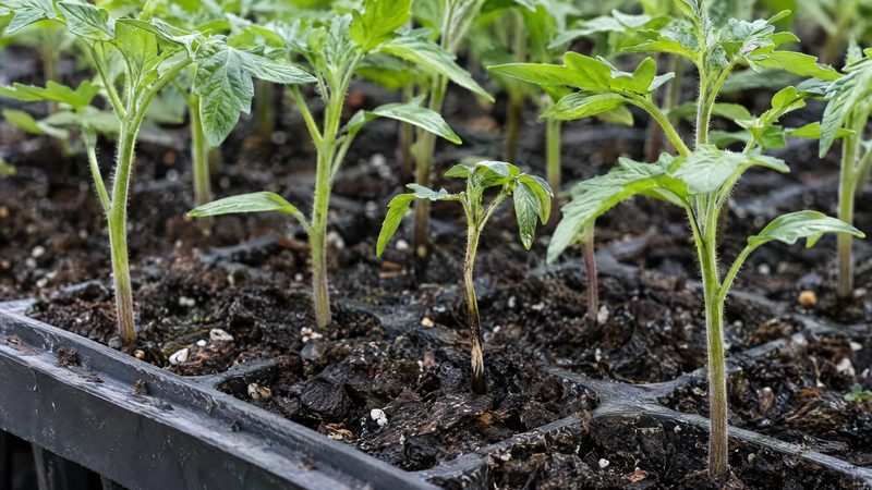 A tray of healthy tomato seedlings in seed-starting mix with one seedling showing a thin, dark, pinched stem at the soil line.