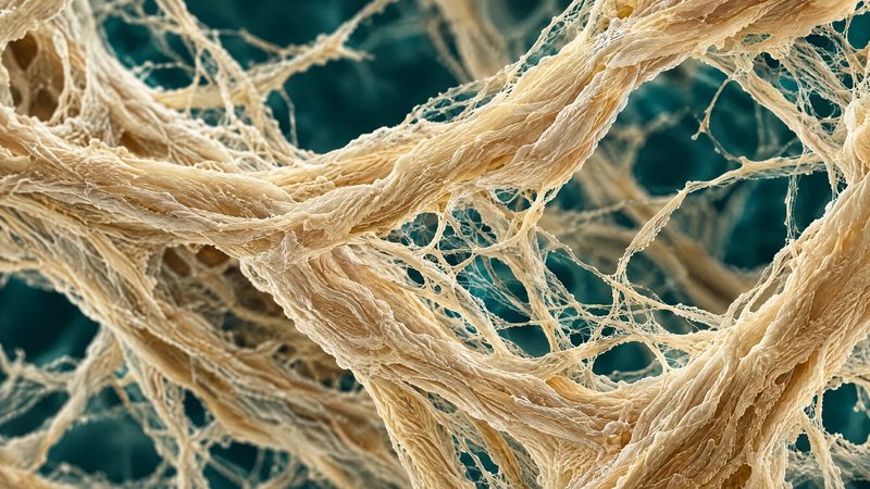 Warm ivory fibrous microstructure texture on a deep teal background, resembling a magnified collagen network.