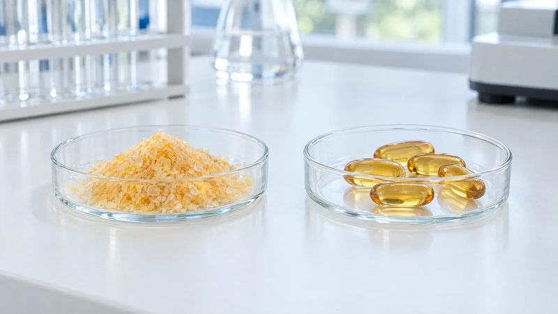 A glass dish of yellow-orange crystalline powder beside a glass dish of amber softgel capsules on a white lab bench.