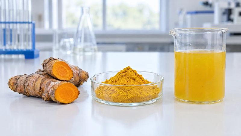 Cut turmeric root, a dish of yellow turmeric powder and a glass beaker of cloudy yellow liquid on a white lab bench.
