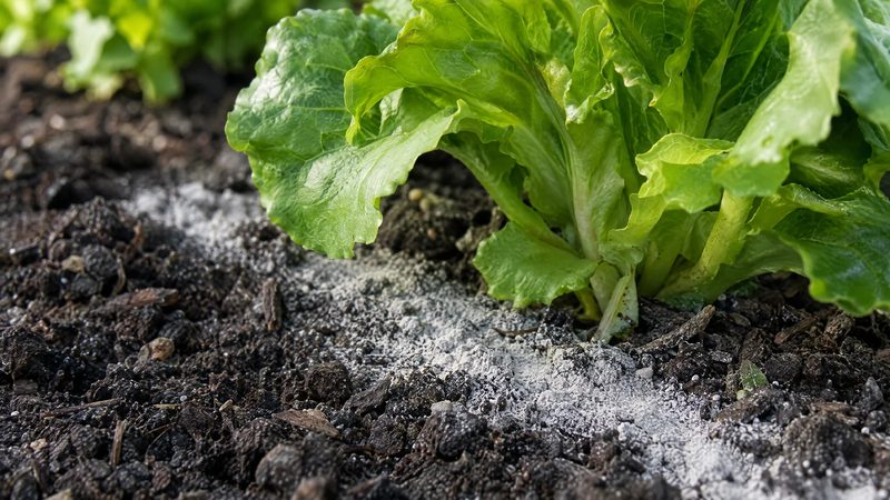 A narrow line of fine pale powder on dark soil beside a healthy green lettuce plant.