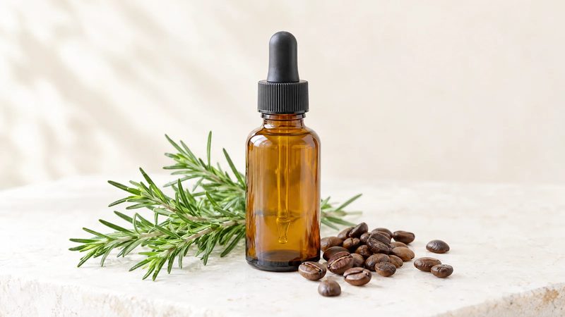Amber glass dropper bottle next to rosemary sprigs and coffee beans on a white stone surface.