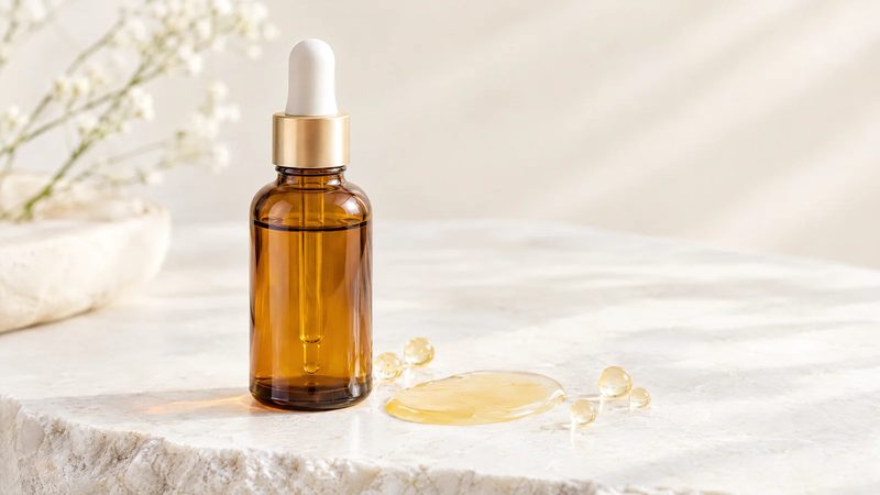 Plain amber glass dropper bottle next to a drop of golden serum and small translucent beads on a white stone surface.