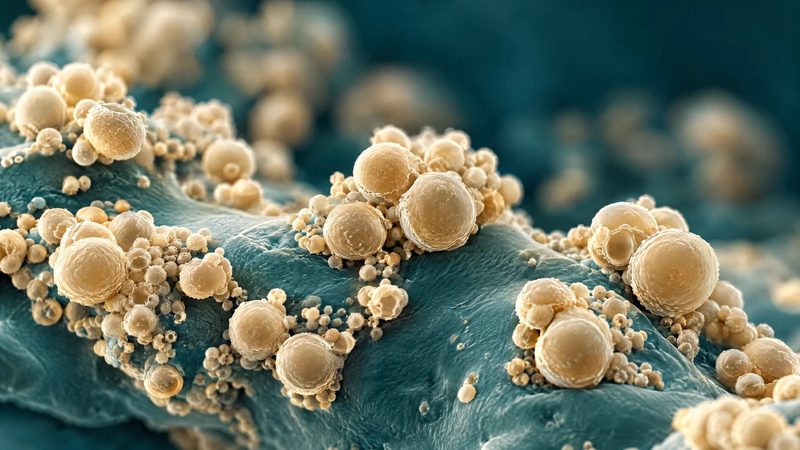 Micrograph-style texture of small round vesicles in warm ivory on a deep teal background.