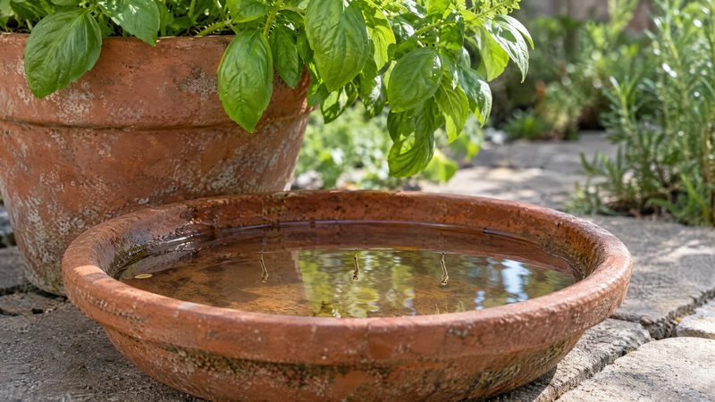 A few small mosquito larvae hang just below the surface of clear rainwater in a terracotta plant saucer on a patio.