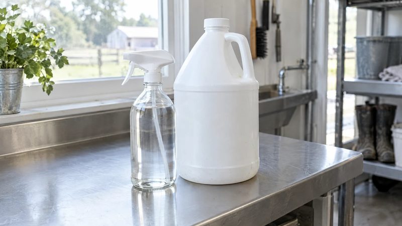 An unlabeled glass spray bottle of clear liquid and a plain white jug stand on a stainless steel counter in a tidy workroom.