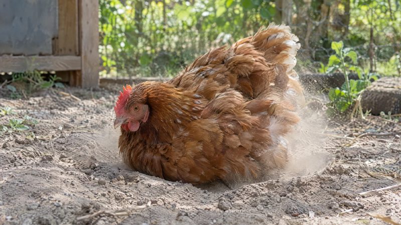 A brown hen lies in a hollow of dry soil in a sunny run, fluffing dust through her feathers.