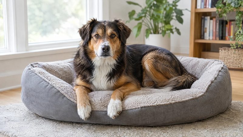 A relaxed dog lying on a clean dog bed in a sunlit room.