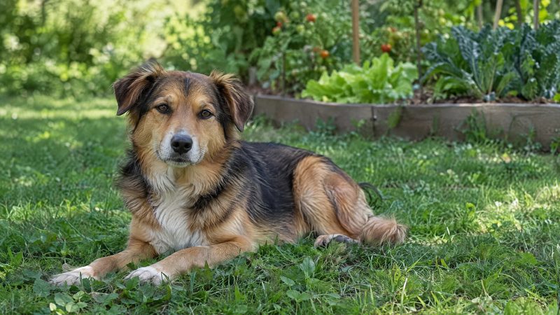 A dog resting on shaded grass with a vegetable bed out of focus behind it.