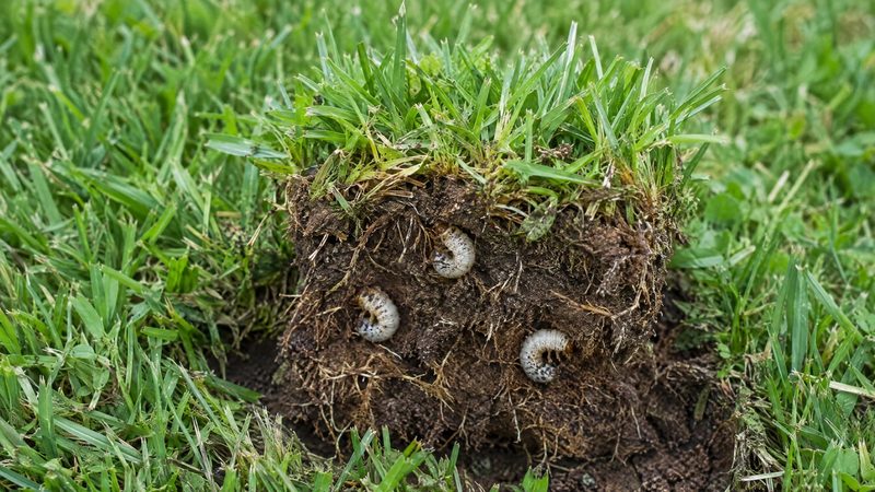 Three white C-shaped grubs in the soil beneath a lifted square of green lawn turf.