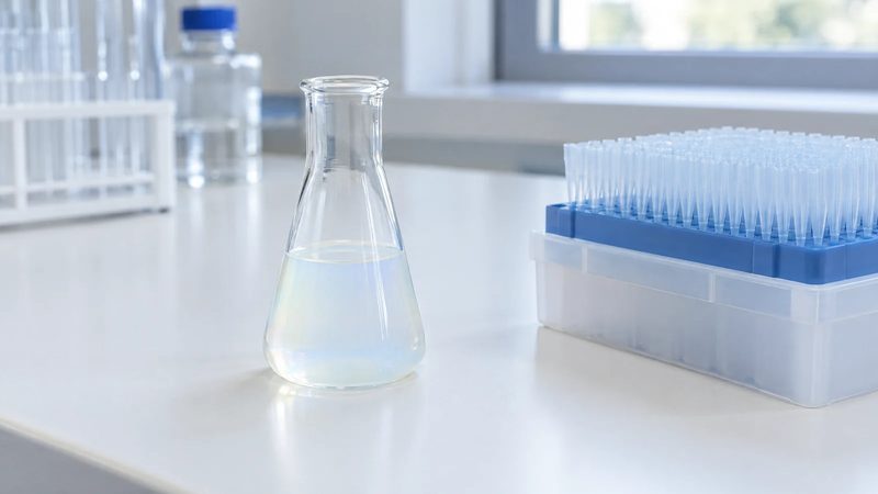 An unlabeled glass vial of cloudy, pearly liquid on a white lab bench next to a rack of pipette tips.