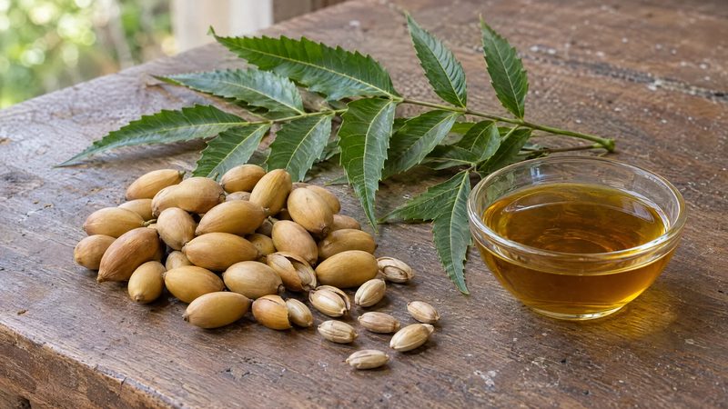 Dried neem seeds, neem leaf sprigs and a small dish of pressed seed oil on a wooden bench.