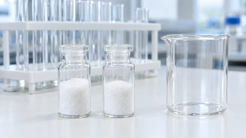 Two glass vials of white crystalline powder and a clear beaker on a white laboratory bench, test tube rack blurred in the background.