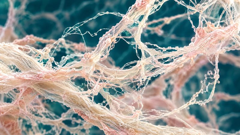 A fine network of translucent fibrous strands in warm ivory tones against a teal background.