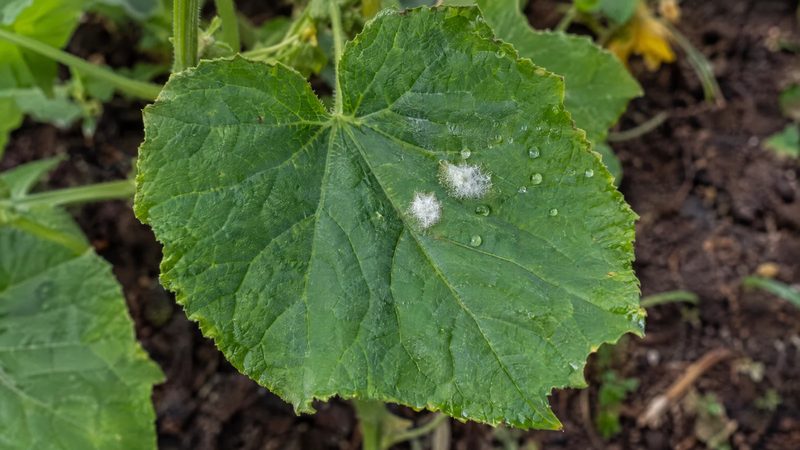Green cucumber leaf with two small white powdery mildew spots and a few clear droplets on its surface.