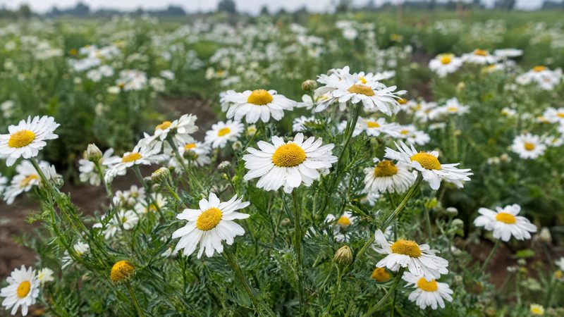 White daisy-like pyrethrum flowers with yellow centers growing in rows in a field.