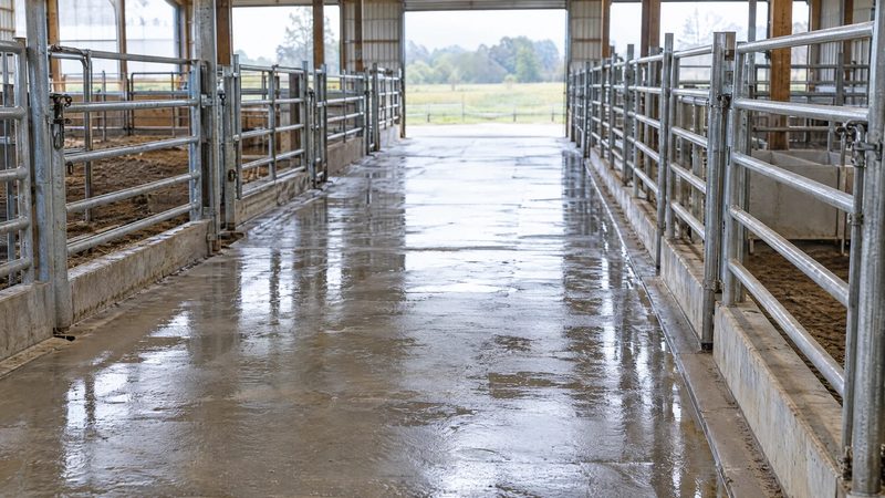 An empty barn alley with a freshly washed, wet concrete floor between steel pen gates in soft daylight.