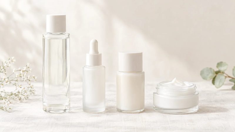 A row of four unlabeled skincare containers, from a clear bottle of watery liquid to an open jar of thick cream, on pale linen in soft light.