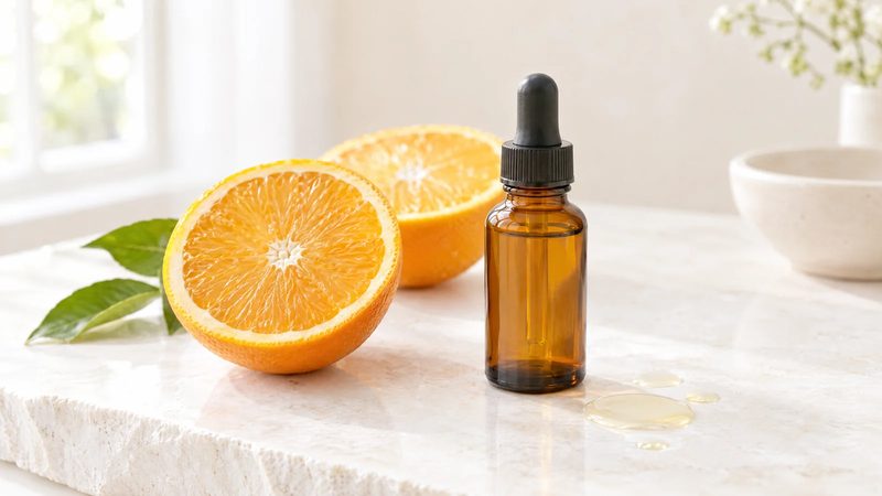 Plain amber glass dropper bottle next to halved oranges and drops of clear serum on a white stone surface in soft daylight.